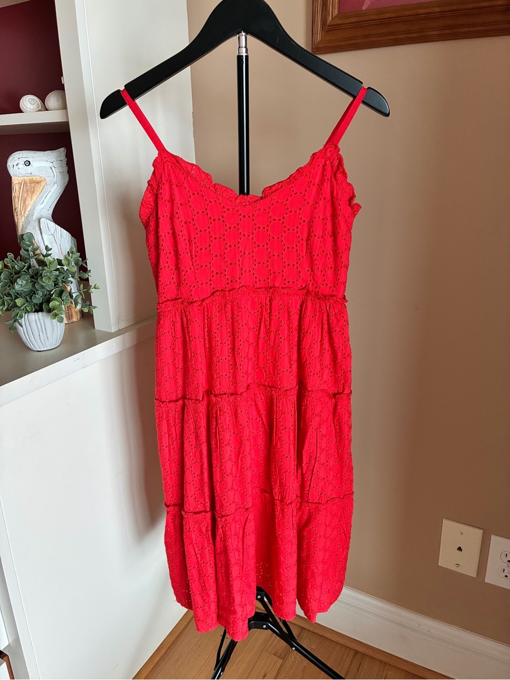 Sim & Sam S Red Eyelet Tiered Spaghetti Strap Sundress Smocked Back Pockets - Picture 1 of 12